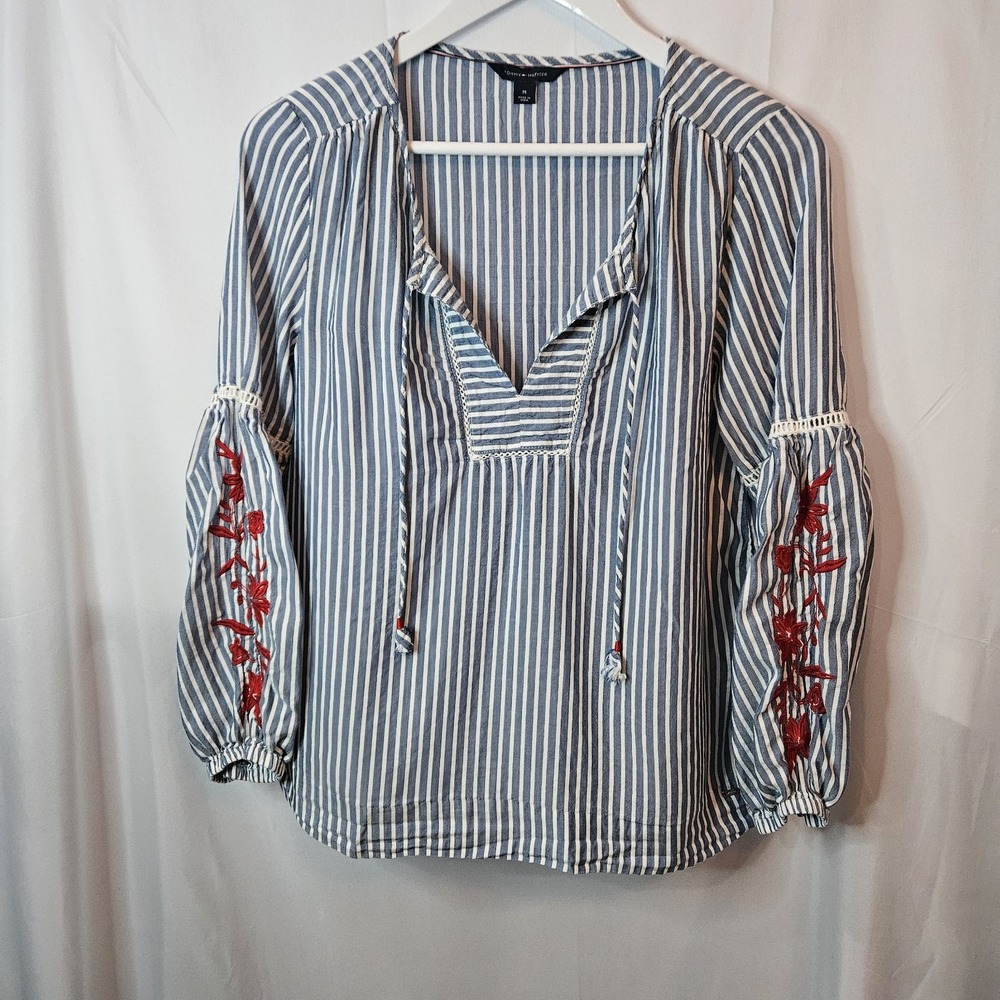 Tommy Hilfiger Shirt Wmns Sz M Blue White Stripe Embroidered Floral Peasant Top